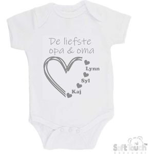 100% katoenen Romper ""De liefste opa & oma met de namen van 3 kleinkinderen"" Unisex Katoen Wit/grijs Maat 62/68