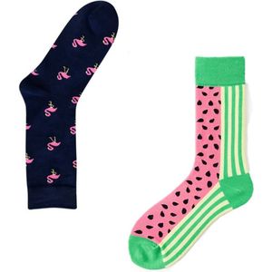 Binkie Socks Box | 2 paar Heren Sokken | Watermeloen Sokken en Flamingo Sokken | Maat 43-46