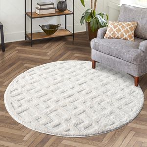 Vloerkleed hoogpolig woonkamer - 160 cm rond - effen wit/crème - geometrisch hoog-laagpatroon/ 3D-effect - shaggy tapijten slaapkamer boho