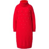 MIAMODA - Dames - Gebreide jurk ruitmotief sierkralen lange mouwen - Neonrood - Maat 46+
