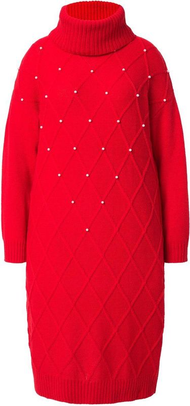 MIAMODA - Dames - Gebreide jurk ruitmotief sierkralen lange mouwen - Neonrood - Maat 46+