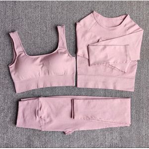 Gymset - LIGHT RIBBED - Maat S - Oudroze - Roze - 3delig - Sportkledingset - Sportset - Gymlegging en top - Fitness set - Fitness legging & top - Yoga set - Yogalegging en top