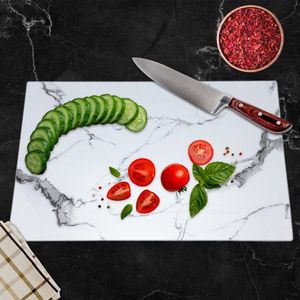 La Bora - Glazen Snijplank - Marmeren Motief - 4 in 1: Aperitief Bord - Snijden - Serveren - Sushi serveer plank - Koken - 40 x 30 cm - UV Gelaagd Glas - Dienblad - Anti-Slip - Wit