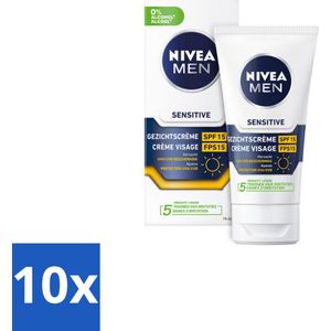10 x NIVEA MEN - Sensitive - Gezichtscrème met SPF 15 - 75 ml - Gevoelige Huid - Gevoelige Mannenhuid - Gezichtscrème - SPF 15 - Alcoholvrije Crème