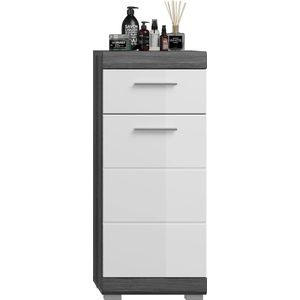 Badkamer Smalle Ladekast - Houtmateriaal - Witte Hoogglans Fronten - Gerookt Zilver Body - Compact - 37 x 88 x 31 cm