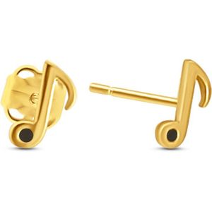 Silventi 9NBSAM-G230239 Gouden Oorbellen Muzieknoot - Oorknopjes - 5,5x3mm - Emaille - Zwart - 14 Karaat - Cadeautje voor haar - Goud