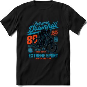Extreme Downhill | TSK Studio Mountainbike kleding Sport T-Shirt | Blauw - Oranje | Heren / Dames | Perfect MTB Verjaardag Cadeau Shirt Maat 3XL