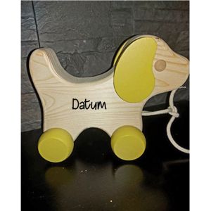 Houten trek hondje bedrukt, Kraam cadeautje, Bedrukt cadeau voor baby/kindje, Speelgoed hondje met naam en datum