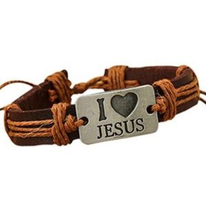 Fako Bijoux® - Leren Armband - Leder - I Love Jesus - Bruin