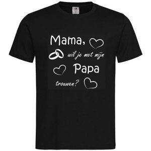 T-shirt Kinderen ""Mama, wil je met mijn papa trouwen?"" | korte mouw | Zwart/wit | maat 122/128 (S)