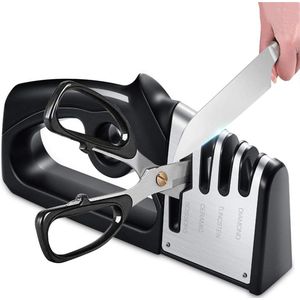 Messenslijper 4-in-1 - Schaar Slijper - Keramische & Roestvrijstalen Messenslijper - Antislip Ergonomische Keuken Slijper - Zwart