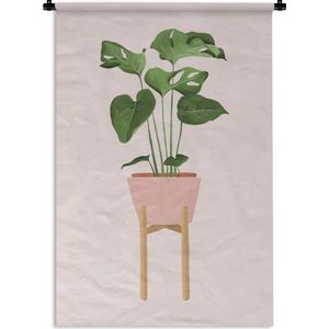 Wandkleed PlantenKerst illustraties - Illustratie van een Monstera plant op een lichtroze achtergrond Wandkleed katoen 90x135 cm - Wandtapijt met foto