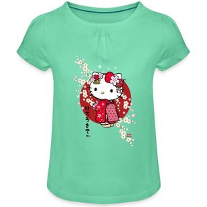 Hello Kitty In Een Rode Kimono En Kersenbloesems Meisjes T-Shirt Met Plooien