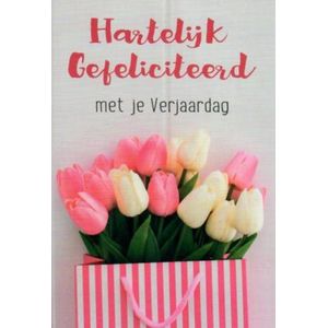 Hartelijk gefeliciteerd met je verjaardag! Een sfeervolle wenskaart met een mooie bos tulpen in diverse kleuren. Een dubbele wenskaart inclusief envelop en in folie verpakt.