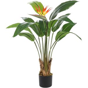 Kunst Strelitzia 100cm | Deluxe | Paradijsvogel plant met bloemen - Groen/Oranje - Kunstplant