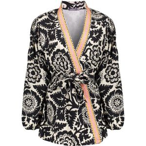 Geisha Vest Kimono Met Bloemenprint 45100 20 Black/off-white Dames Maat - M