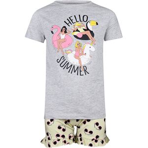 Een Super leuke meisje Shortama met een zonnige print Hello Summer. In de kleur lichtgrijs met pastelkleuren. Maat 158/164. Van het bekende merk PEBBLE STONE