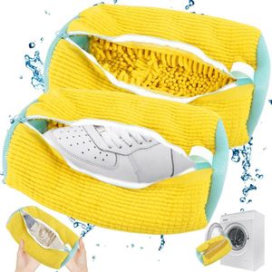 Schoenwaszak wasmachine - multi-bescherming - dikke waszak - verhoogde wrijving - 360 graden rondom reiniging - anti-wikkel - geel - 39 x 19 cm