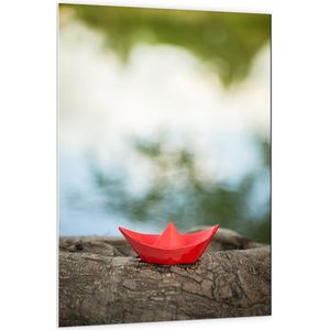 PVC Schuimplaat- Rood Origami Bootje op Boomstam langs Water - 100x150 cm Foto op PVC Schuimplaat