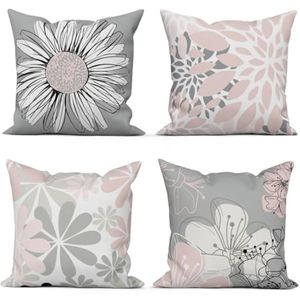 Selbro®, Rozen-kussensloop, 40 x 40 cm, set van 4, modern, roze, grijs bloemenpatroon, voor bank, sierkussen, wasbaar, polyester, vlas, textiel, outdoor, hoofdkussenovertrek