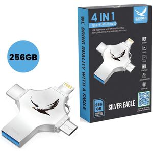 Silver Eagle® 4 in 1 Flash drive 256 GB voor iPhone & Android - USB Stick C naar A - Flashdrive USB-sticks - Lightning