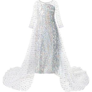Prinses - Elsa jurk met sleep - Prinsessenjurk - Verkleedkleding - Feestjurk - Sprookjesjurk - Wit - Maat 134/140 (8/9 jaar)