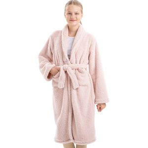 HOMELEVEL zijdezachte badjas voor kinderen - Kinderbadjas sherpa fleece - Voor jongens en meisjes - Lichtroze - Maat 134/140