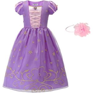 Prinsessen jurk verkleedjurk paars goud 128-134 (140) met broche + roze haarband