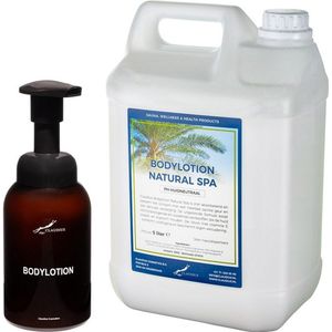 Zeepdispenser 300 ml amber bruin hervulbaar + 5 liter Bodylotion Natural Spa navulling