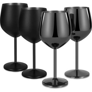 Rode Wijnglazenset, 18 oz 550 ml Roestvrijstalen Wijnglazen, Champagneglazen, Bekers, Grote Buik, Cocktailglazen met Handvat, Wijnglazenset voor Cocktails, Mat Zwart en Zwart (Verpakking van)
