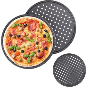 Pizzaplaat set van 3 - geperforeerd bakplaat - diameter 32 cm - anti-aanbak - pizza & flambée - van staal - antraciet - kookaccessoires