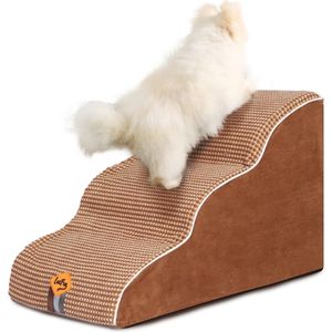 Gebogen hondentrap voor kleine honden, 3-traps huisdiertrap voor hoge bedden en bank, antislip, evenwichtige hond indoor step met schuim van hoge dichtheid, afneembare hoes voor gewrichtspijn