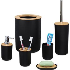 Relaxdays 6-delige badkameraccessoires set bamboe - badkamerset - toilet set - accessoires - zwart