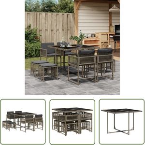 The Living Store 9-delige Tuinset met kussens poly rattan grijs - Tuinset - Lounge Set - Outdoor Furniture - Patio Set - Eetkamerset