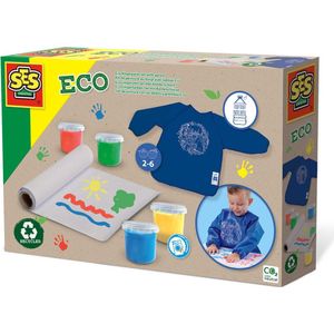 SES - Eco - vingerverf set met kliederschort - 100% recycled - 4 kleuren verf - inclusief papierrol - makkelijk uitwasbaar