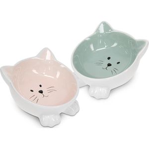 Navaris voerbakjes voor katten - Set van 2 voer- en waterbakken - Etensbak van keramiek - Met antislip voetjes - Kattenvorm - Roze/Groen