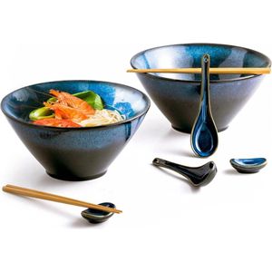 Ramen Bowl Gemaakt Van Keramiek Grote Soepkom - Japanse Ramen Kom Met Eetstokjes - Pasta'S Soepkommen Saladekommen Voedsel Cups Container Voor Ramen Blauw