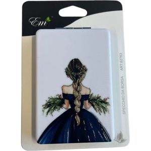 Compact Spiegel Met decoratief deksel - Opvouwbare - Make Up Spiegel - 2x Vergroting - Illustratie van blauwe jurk