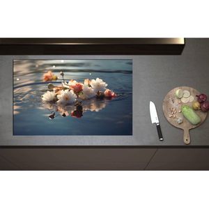Inductieplaat Beschermer - Camellia Bloemen en Knoppen op het Water - 85x55 cm - 2 mm Dik - Inductie Beschermer - Bescherming Inductiekookplaat - Kookplaat Beschermer van Zwart Vinyl