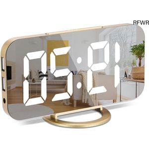 RFWR® Digitale wekker met groot LED-display en spiegeloppervlak - Dimbaar, USB-oplaadpoorten, Modern ontwerp voor slaapkamer