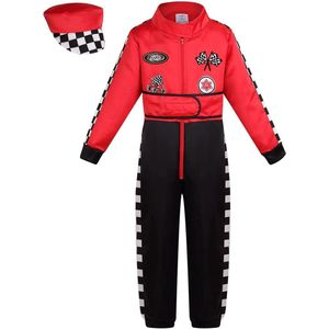 Zeynomax - Racing Driver Kostuum Kinderen Rollenspel Race Auto Outfit met Hoed - Rood - 9-10 Jaar
