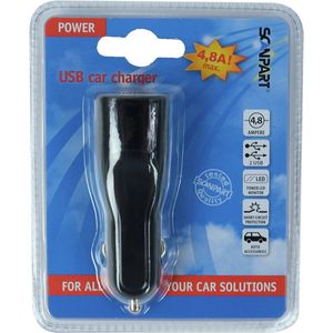 Scanpart USB auto oplader voor sigarettenaansteker - Met 2 USB poorten - USB A - 12W - 4.8A - Inclusief LED indicator