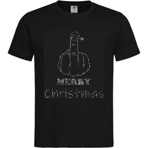 T-shirt Unisex Volwassenen Kerst Kerstmis Man Vrouw Grappig Tekst ""Merry Christmas met middelvinger"" Op Voorkant | korte mouw | Zwart/Silver black GLITTER | maat M