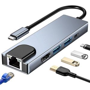 USB C hub multi-port adapter met 5-in-1 ontwerp met HDMI, ethernet poort, USB 3.0/2.0 poort en 100W PD oplaadfunctie, geschikt voor MacBook Pro/Air, Pad Pro, iMac, XPS en nog veel meer apparaten.