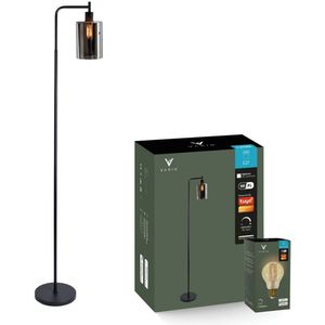 Varin® Design Vloerlamp met Smoke glas - Zwart - incl. E27 LED Filament - Warm wit instelbaar - Dimbaar - Tuya wifi - Smart lamp - Slimme staande lampen - Vloerlamp woonkamer - Staande lamp - Modern industrieel - Design vloerlampen - Sfeerlamp
