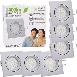 6x Lumare LED inbouwspot 4W 400 lumen IP44 alleen 27mm extra ondiepe inbouwdiepte LED lichtmodule vervangbare plafondspot AC 230V 120° plafondlamp inbouwspot warm wit zilver mat hoekig badkamer