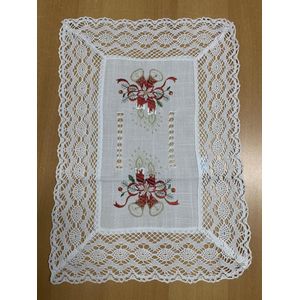 Kerst - Tafelkleed - Linnenlook - Broderie - Off White met kant en rode kaarsen - Loper 50 cm