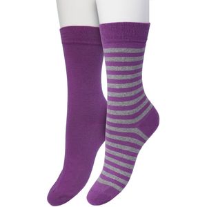Bonnie Doon Sokken Set Gestreept en Effen voor Dames Paars/Grijs maat 36/42 - Set met 2 paar Sokken - Strepen - Katoenen Sok - Gladde Naden - Brede Boord - Perfecte Pasvorm - 2-pack - Multipack - Paars - Grijs - Concord Grape - OL041101.185