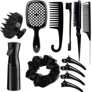 12 stuks - kappersset - haarborstel set voor vrouwen - ontwarrende borstel voor natuurlijk haar - krullende haarborstelset met spuitfles - borstelset voor haarstyling - zwart