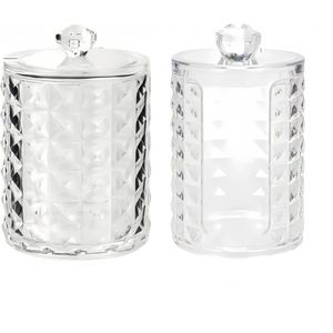 2 wattenstaafjeshouder, wattenschijfdispenser van milieuvriendelijk PET, transparante opbergdoos met diamantpatroon voor wattenschijfjes, cosmetica, make-up, duurzaam voor badkamer